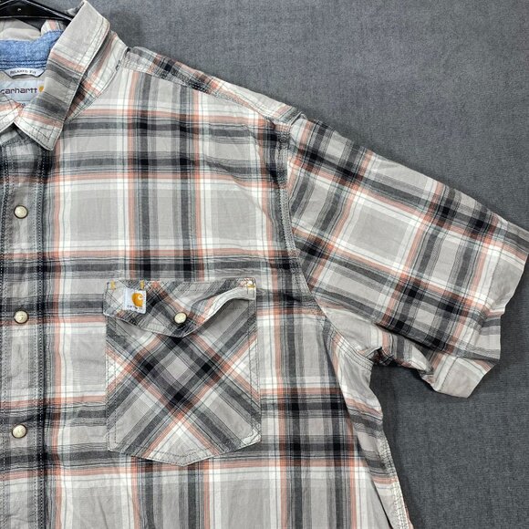 Carhartt Mens Relaxed Fit Plaid Button-Down Shirt 2XL Gray/Orange Cotton Blend - Picture 10 of 13